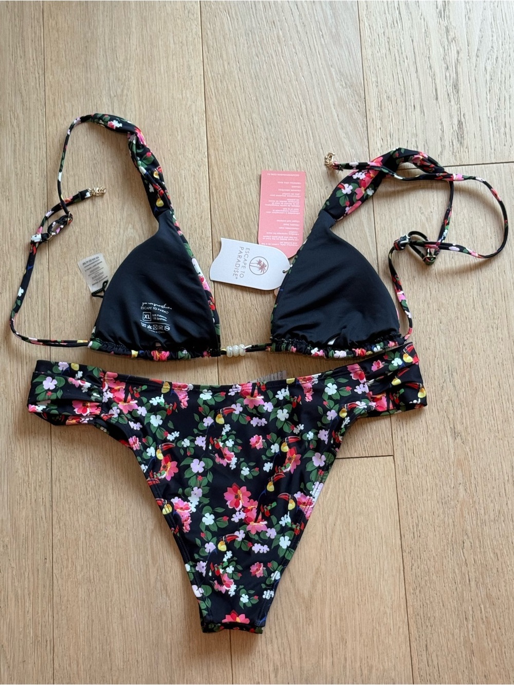 Escape to Paradise Black Floral Bikini Set Triangle Top Cheeky Bottoms XL NWT - Picture 2 of 2